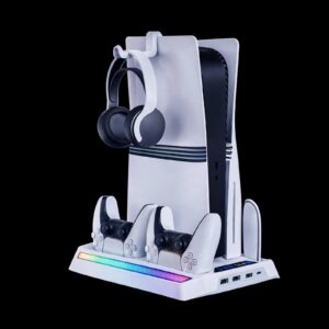 حامل تبريد متعدد الوظائف لجهاز - (PS5 -) مع إضاءة RGB وقاعدة شحن لوحدتي تحكم DualSense وحامل لسماعة الرأس.