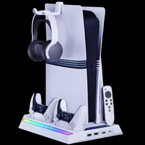 حامل تبريد متعدد الوظائف لجهاز - (PS5 -) مع إضاءة RGB وقاعدة شحن لوحدتي تحكم DualSense وحامل لسماعة الرأس. - الصورة 3